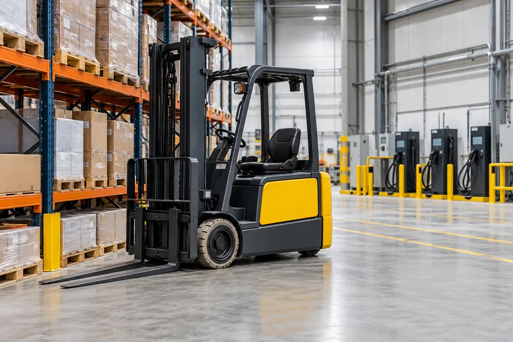 Electric truck alongside storage racks, illustrating longer-term forklift leasing in Nottingham